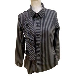 Aimee G gray striped shirt ruched front button embellishment made in NY large